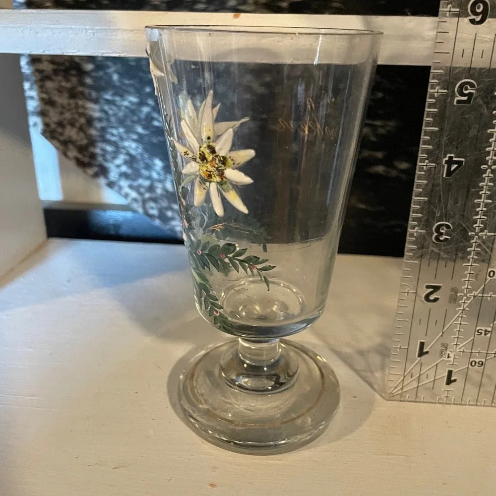Vintage Floral‎ Edelweiss Clear Glass Footed Vase Bud Vase Hand Painted Decor